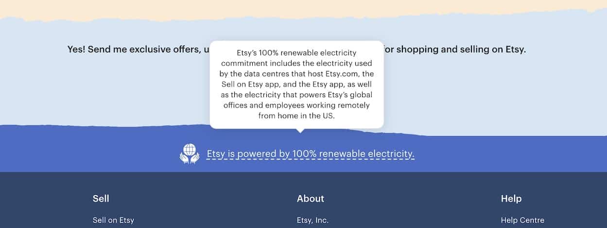  Screenshot showing Etsy's renewable energy notice
