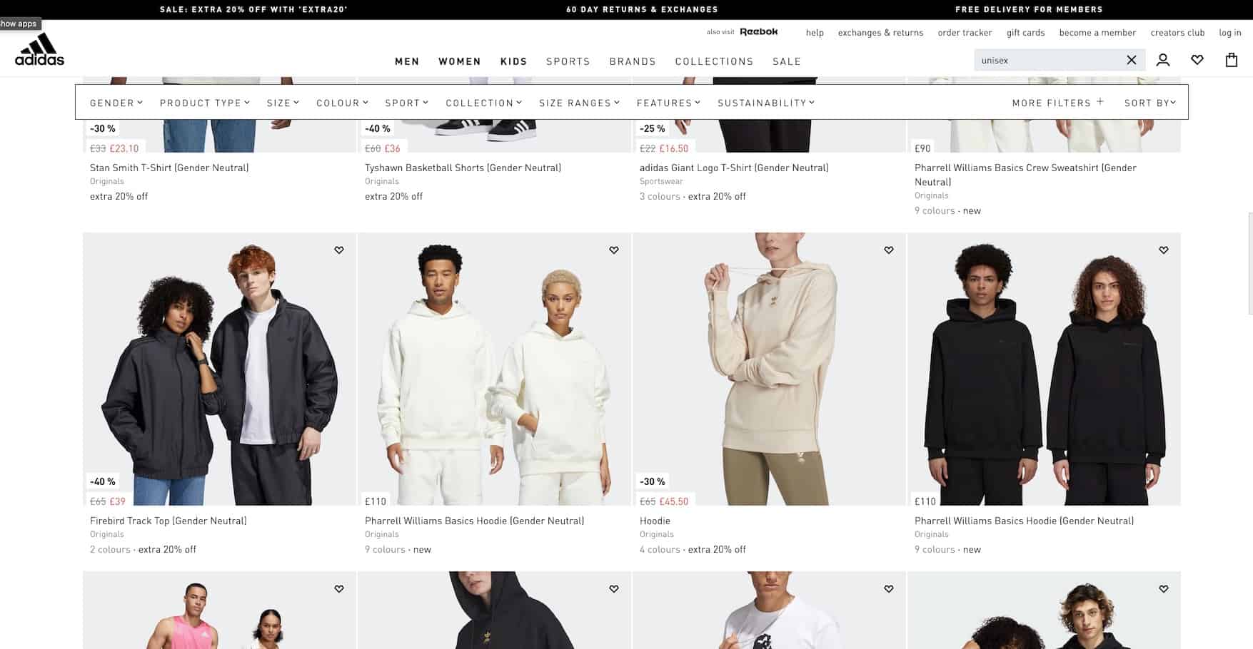 Screenshot of Adidas website showing diverse use of models in product shots
