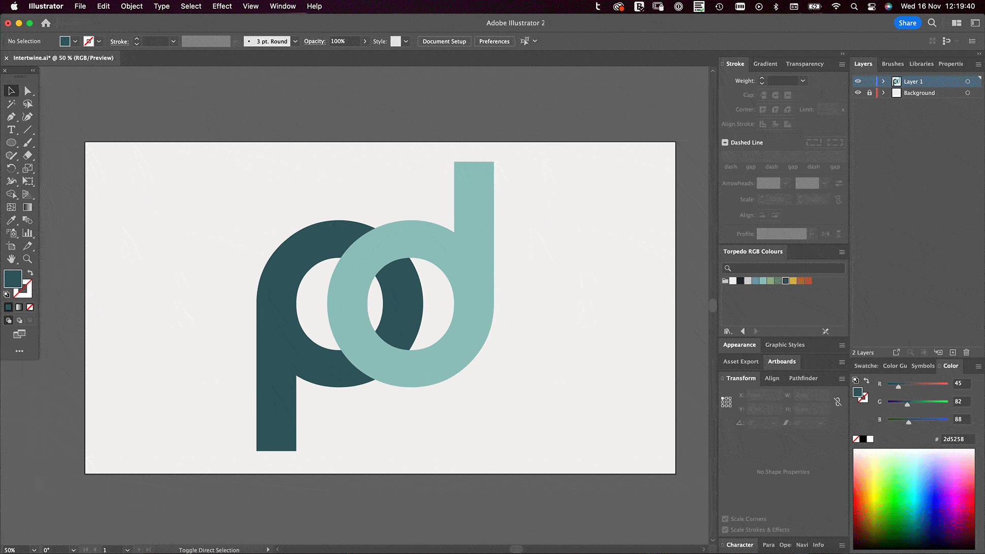 Image of 2 letters, used to show how Adobe Ilustrator can intertwine the letters using AI