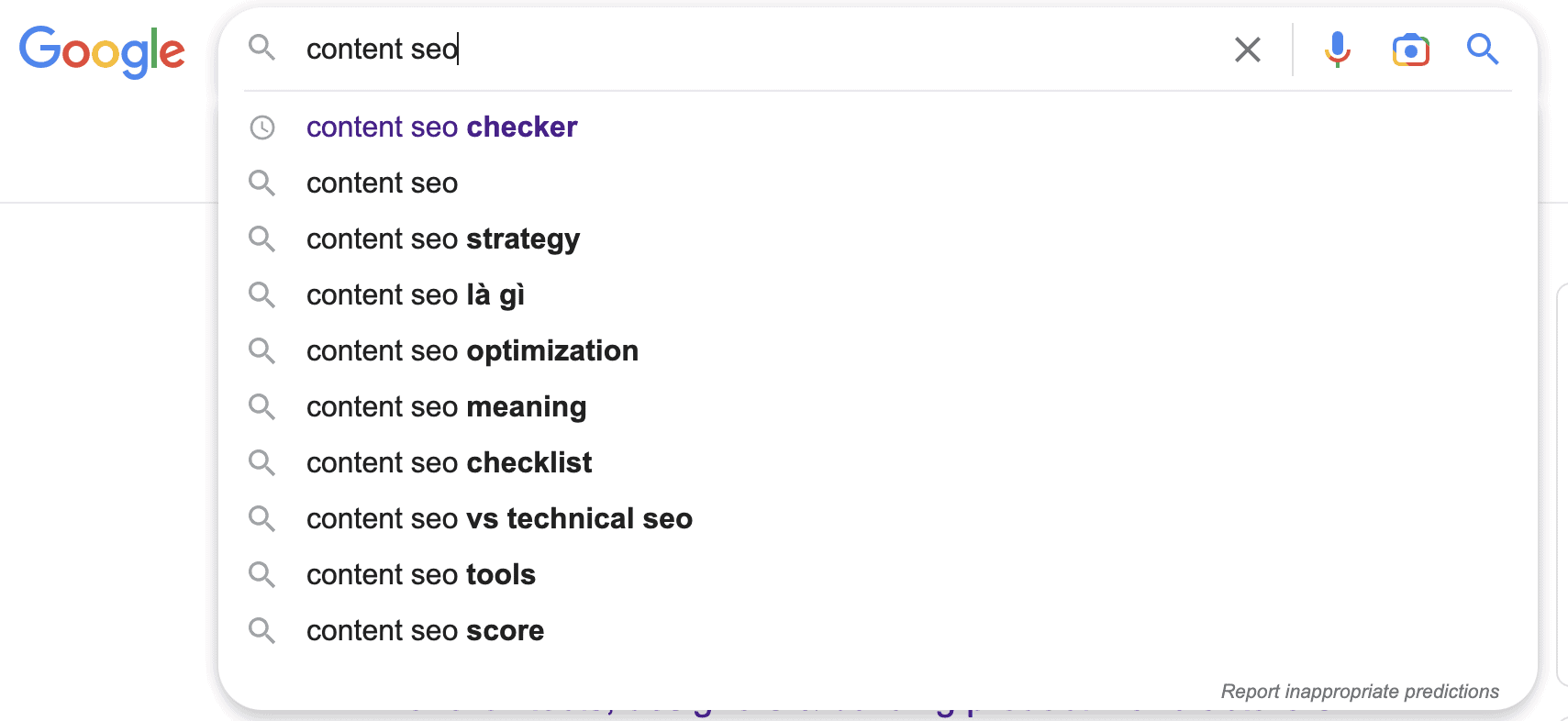 Suggested search results in Google search bar