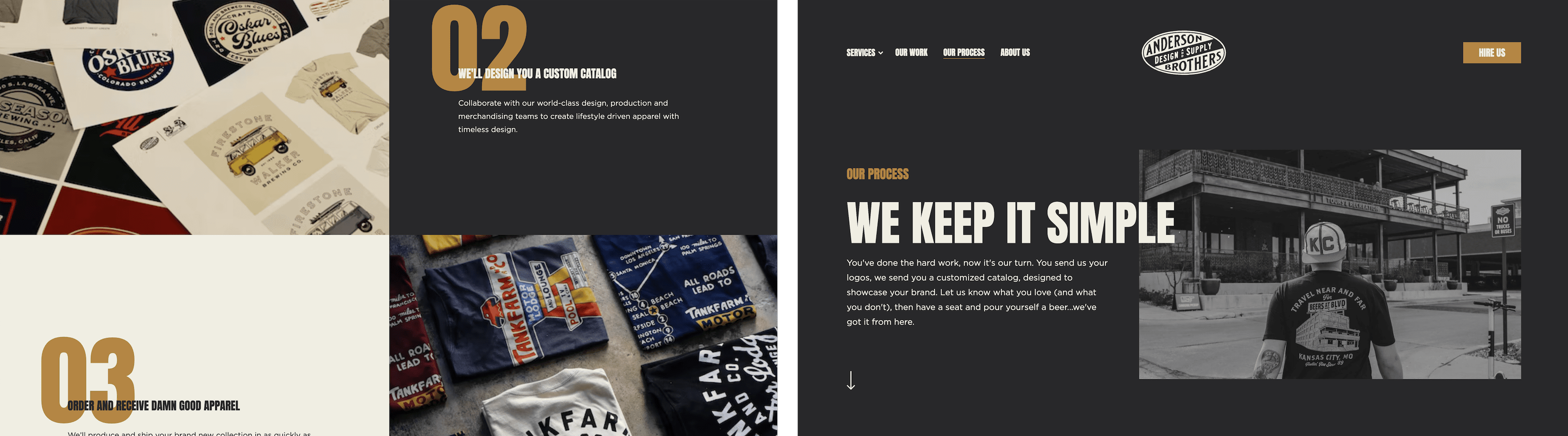 Screenshots of Anderson Supply website showing text overlapping images and large numbered typography