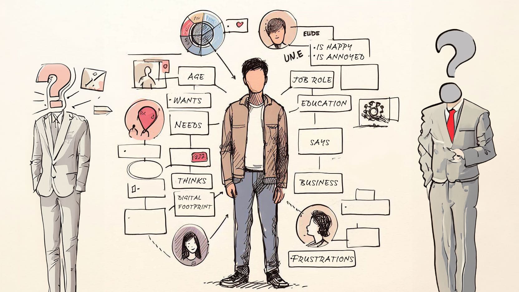  an illustration of a person surrounded by notes describing age, needs, goals and other details.