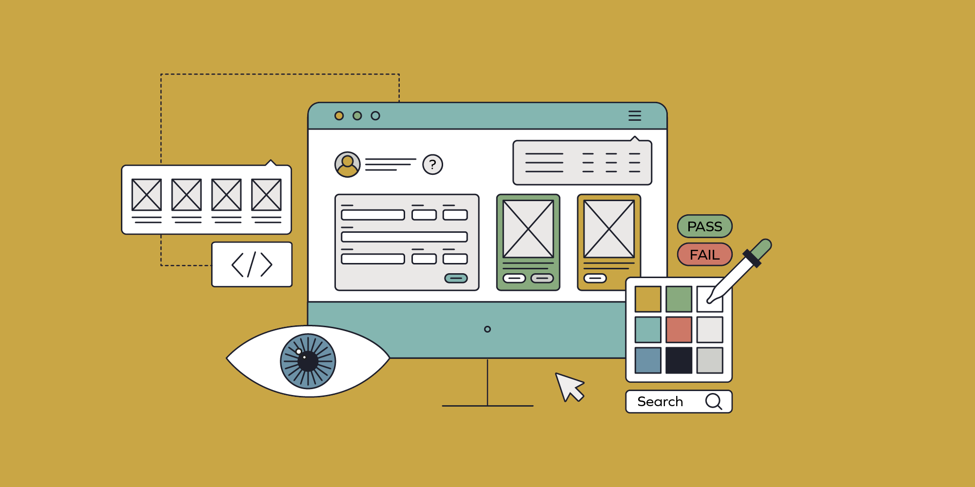  Illustration of a desktop with various UX/UI elements.
