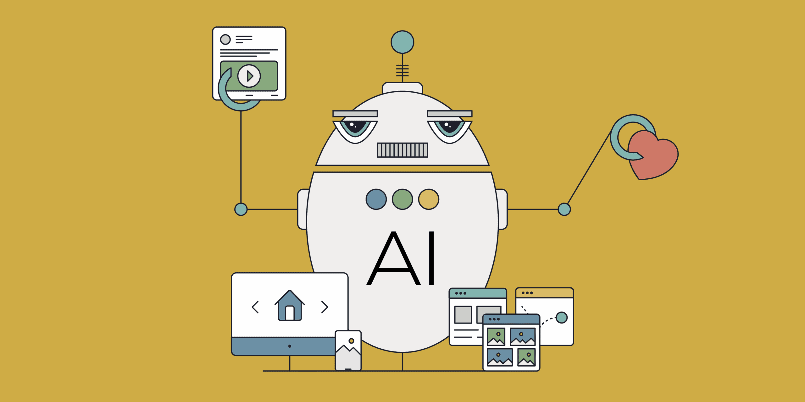  Illustration graphic showing an AI robot holding different digital items