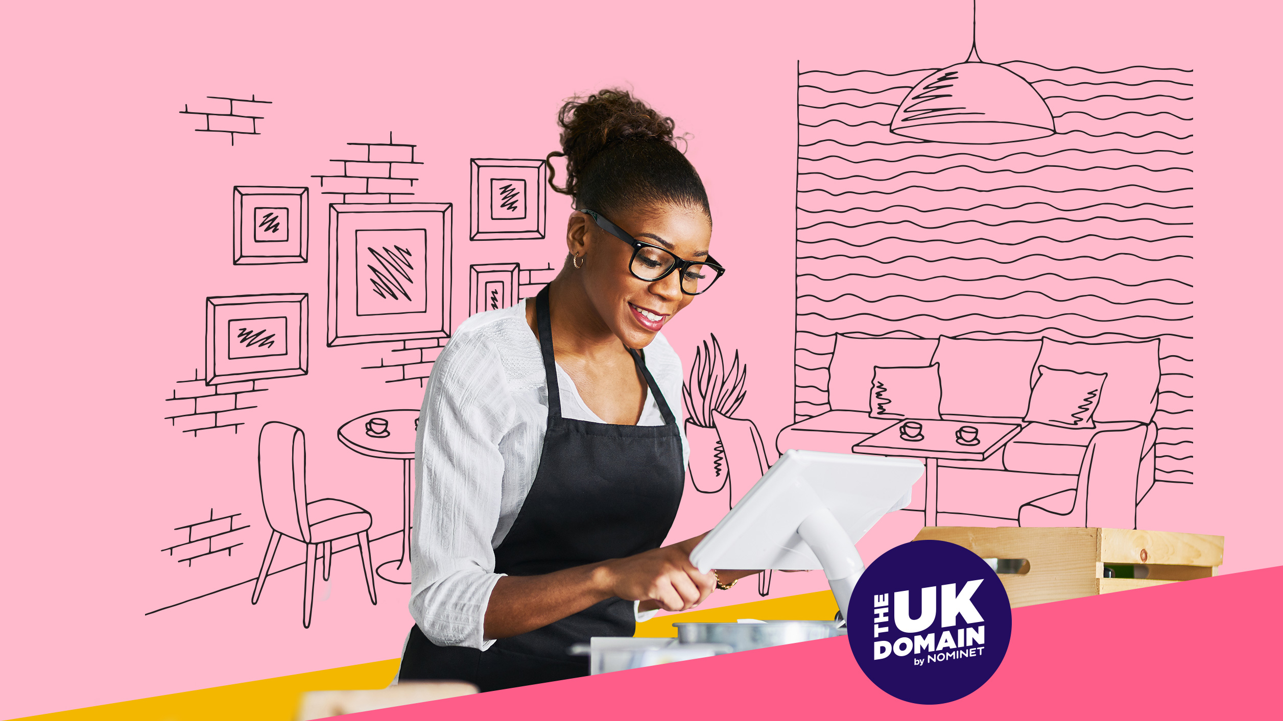 Woman using a tablet in a small business setting with UK Domain branding.