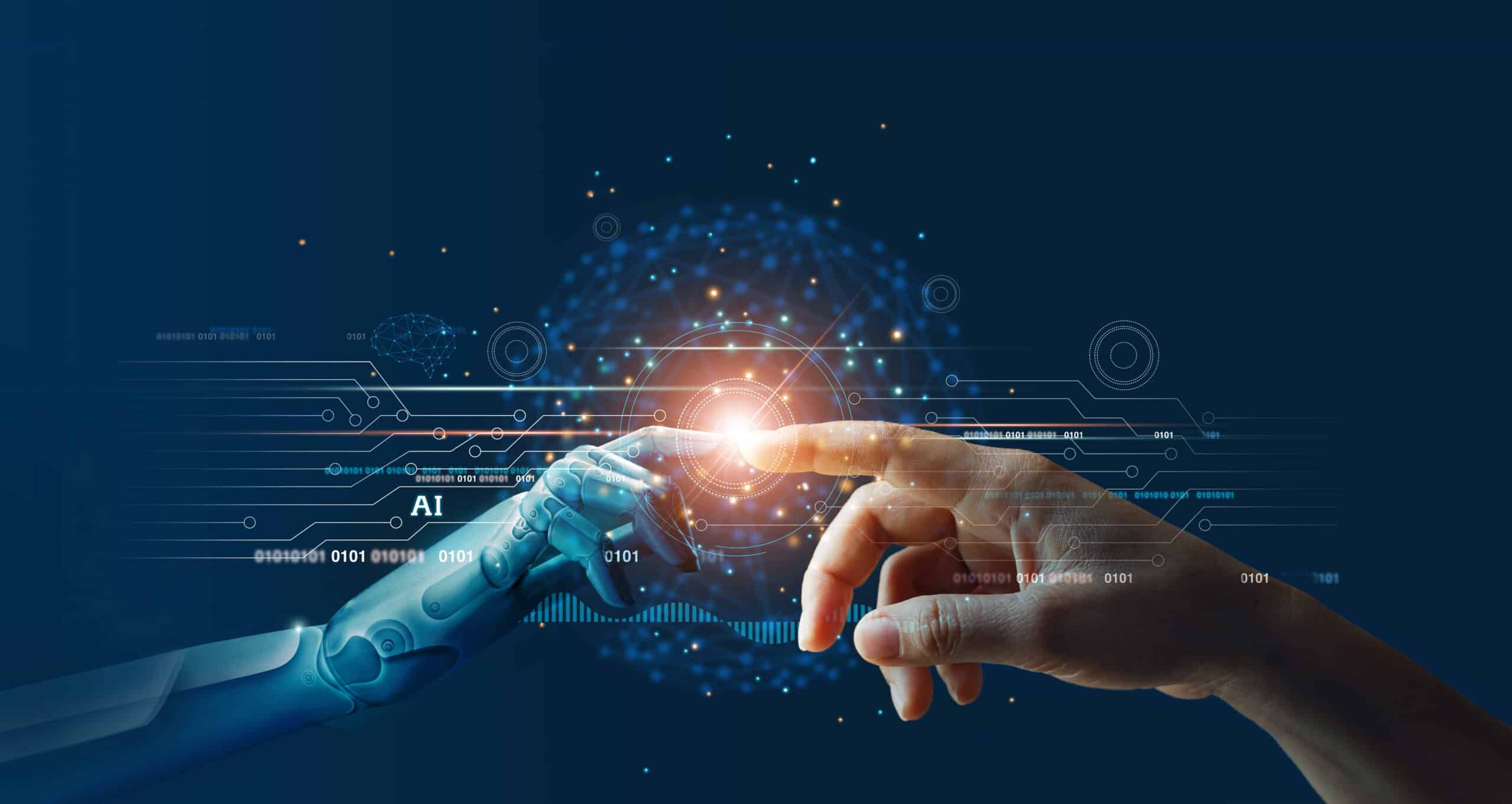 Hands of robot and human touching on big data network connection background