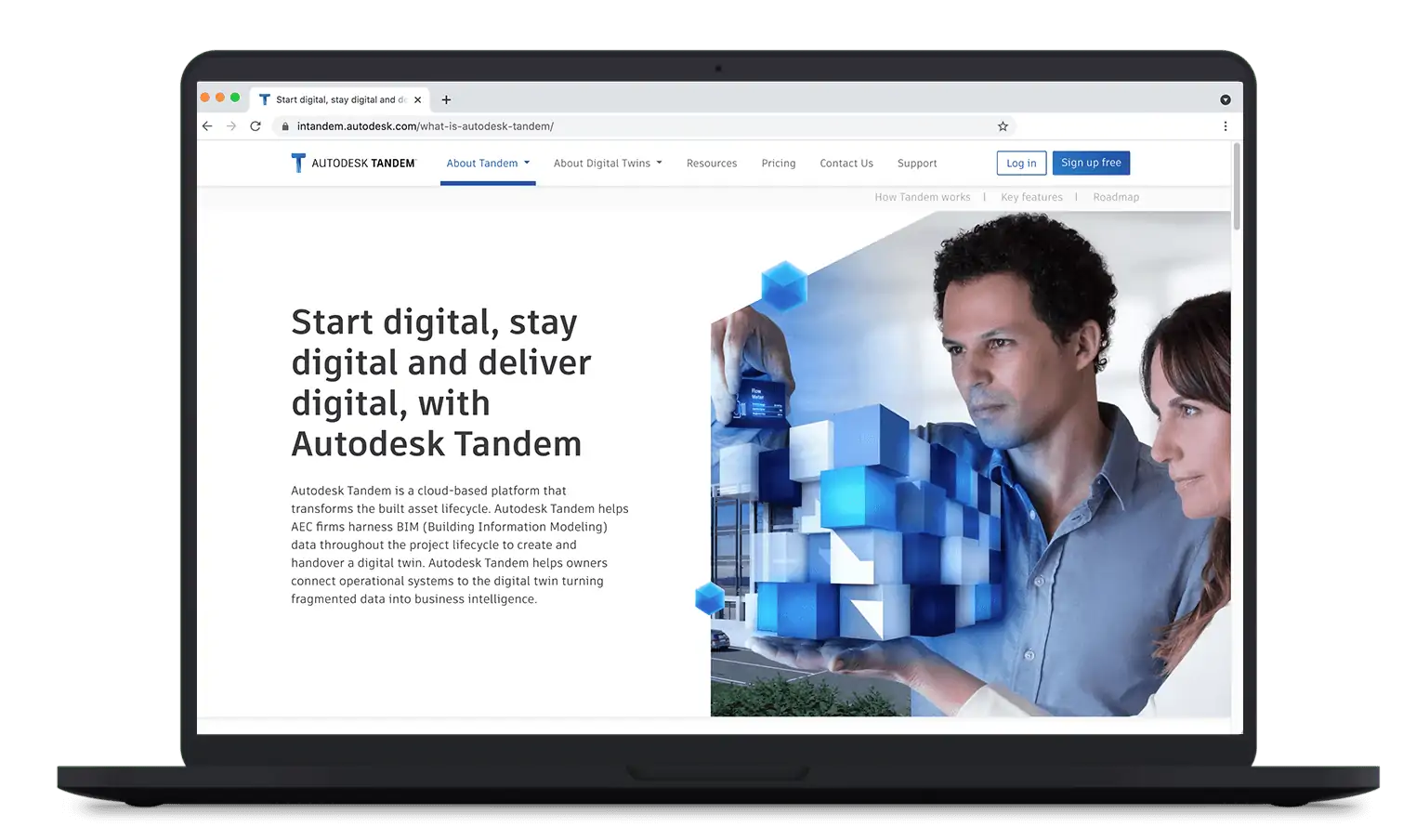 Computer showing an advert for Autodesk Tandem on screen