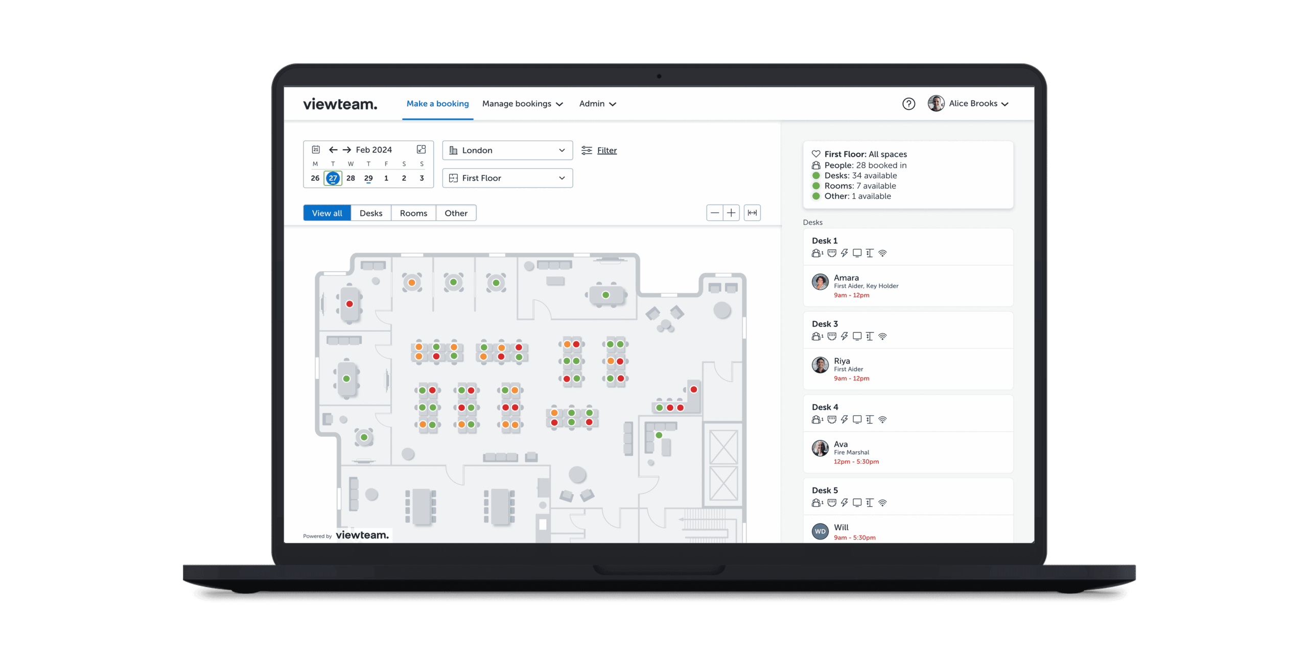 the desk booking screen of Viewteam