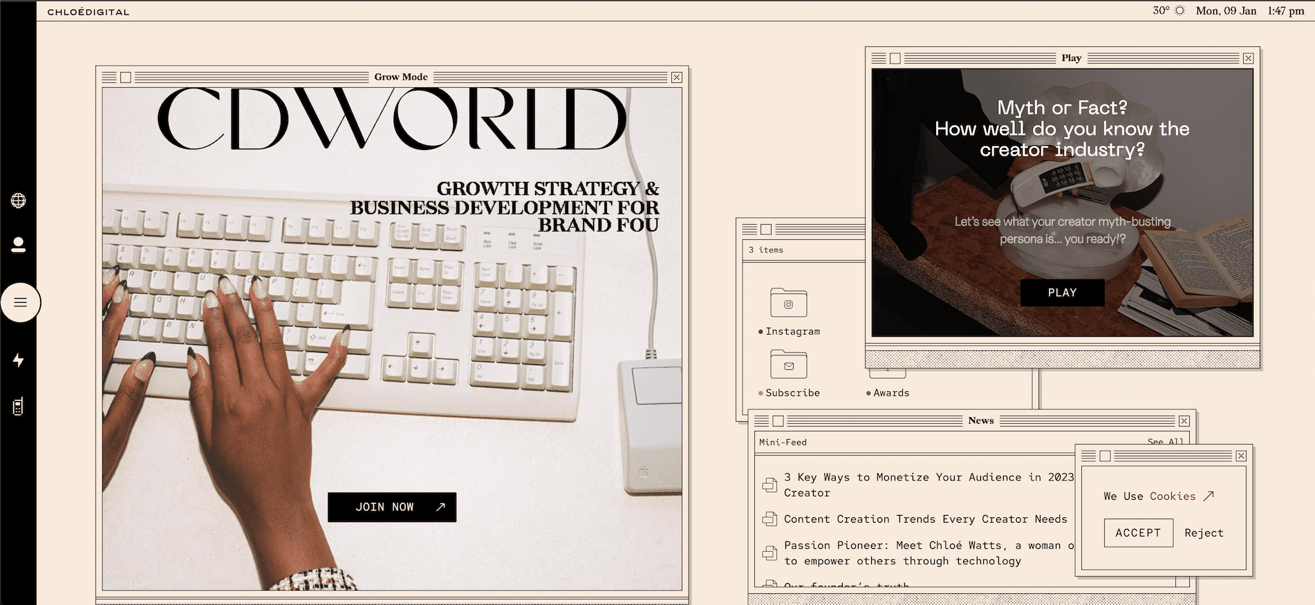 Screenshot of Chloe Digital website showing early nineties operating system design style